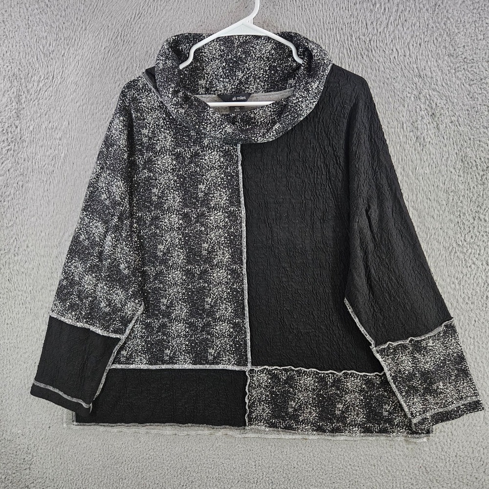Ali Miles Womens 2X Cowl Neck Top Black White Colorblock Mixed Texture Pullover